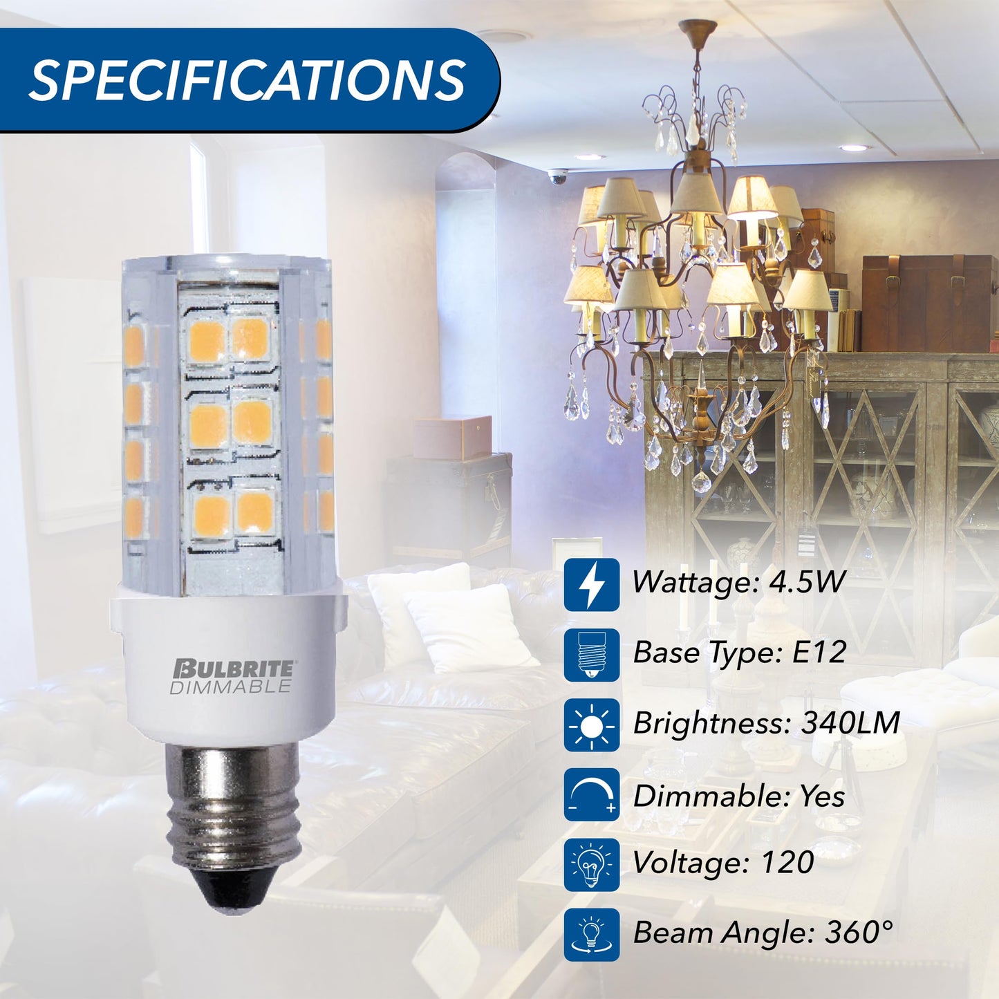 Bulbrite 770595-4.5W LED Light Bulb, E12 Base, 2700K, Clear, Dimmable, Halogen Replacements