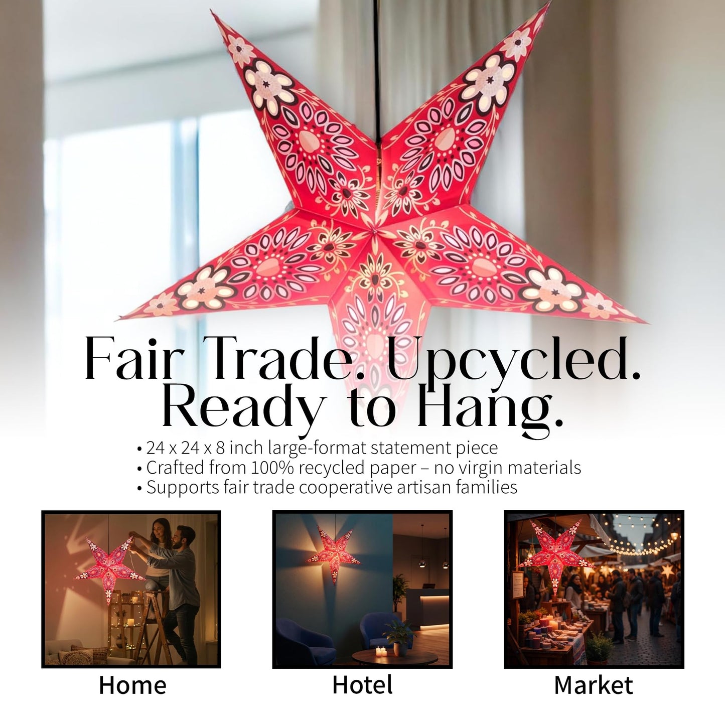 Om Gallery Paper Starlight 24 Inch - Handcrafted Hanging Star Lantern with 100% Recycled Material - Large Paper Star Lamp with 12-Foot UL Approved