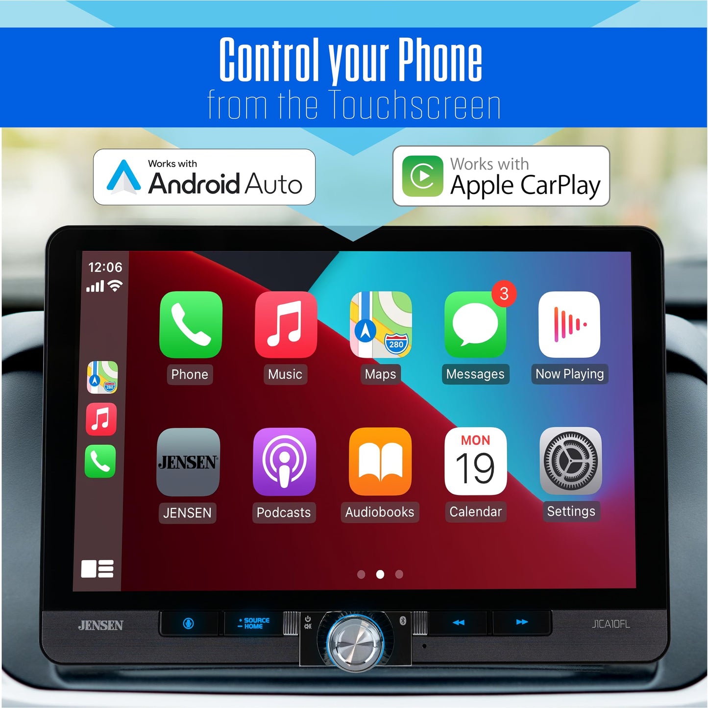 Jensen J1CA10FL-BUC 10.1-inch Certified Apple CarPlay Android Auto Wired or Wireless | Single DIN and Double DIN Touchscreen Car Stereo Radio |