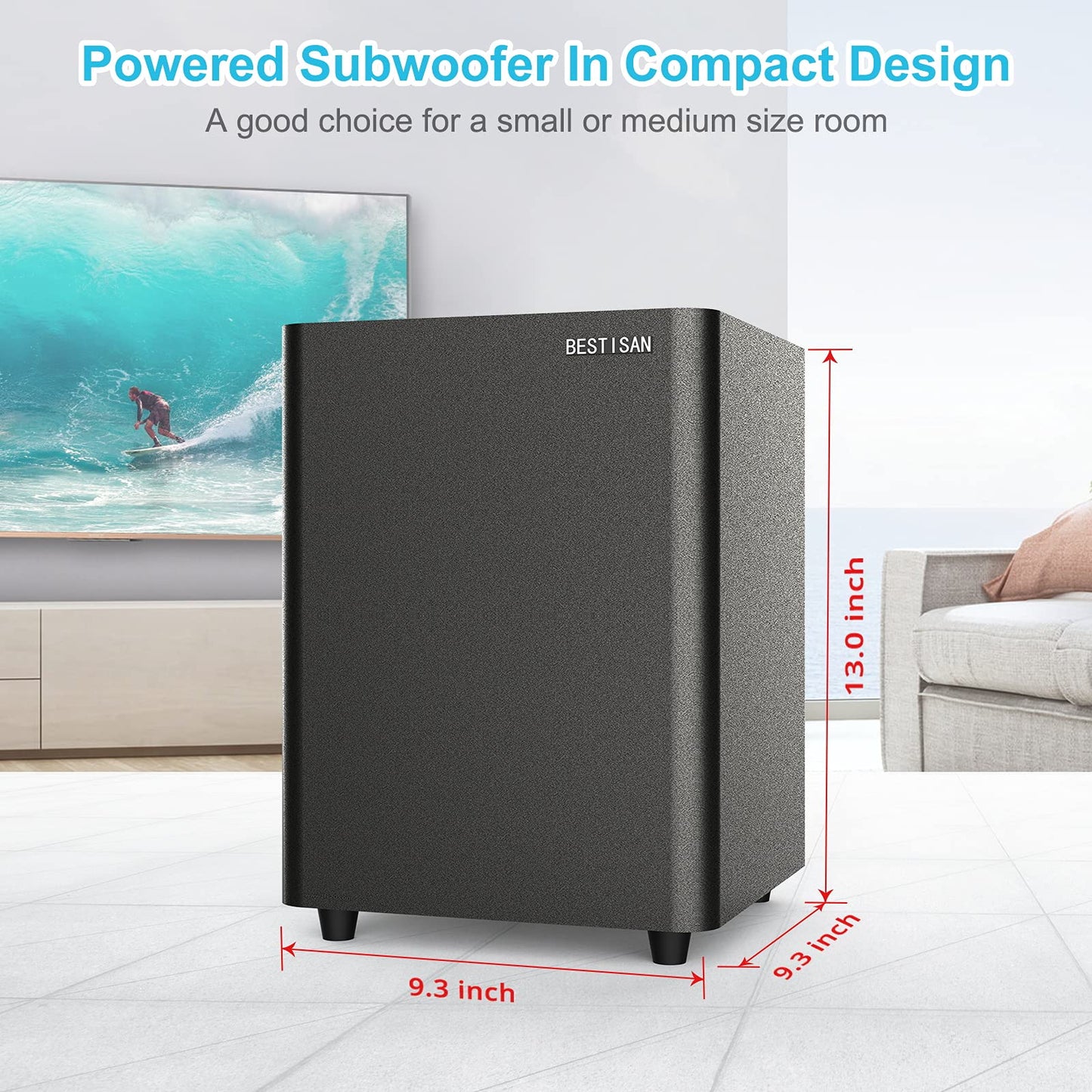 BESTISAN Powered Subwoofer, Deep Bass Sub, Down Firing Subs, Easy Setup with Home Theater System, Receiver, Speakers, Coaxial Cable Included, RCA
