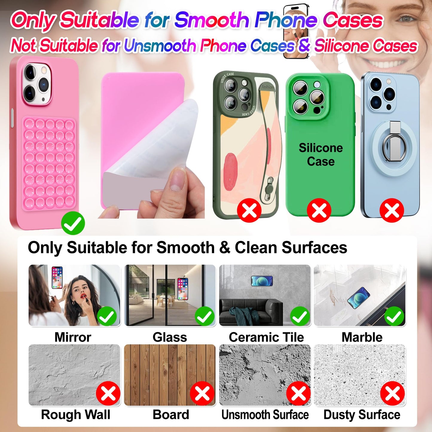 Silicone Sticky Phone Grip, Adhesive Suction Cup Phone Case Mount, Phone Grip with Strong Suction for Cellphone, Non Slip Hands-Free Phone Accessories