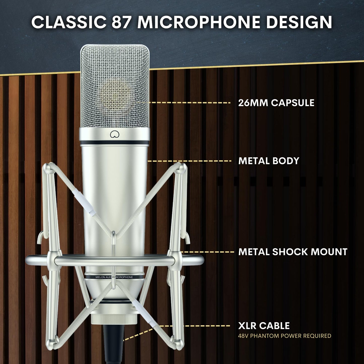 Melon Audio MA-87 Studio Condenser Microphone, 26mm Gold Large Diaphragm Capsule, Including Foam Filter, Metal Shock Mount, XLR Cable and Mic Bag