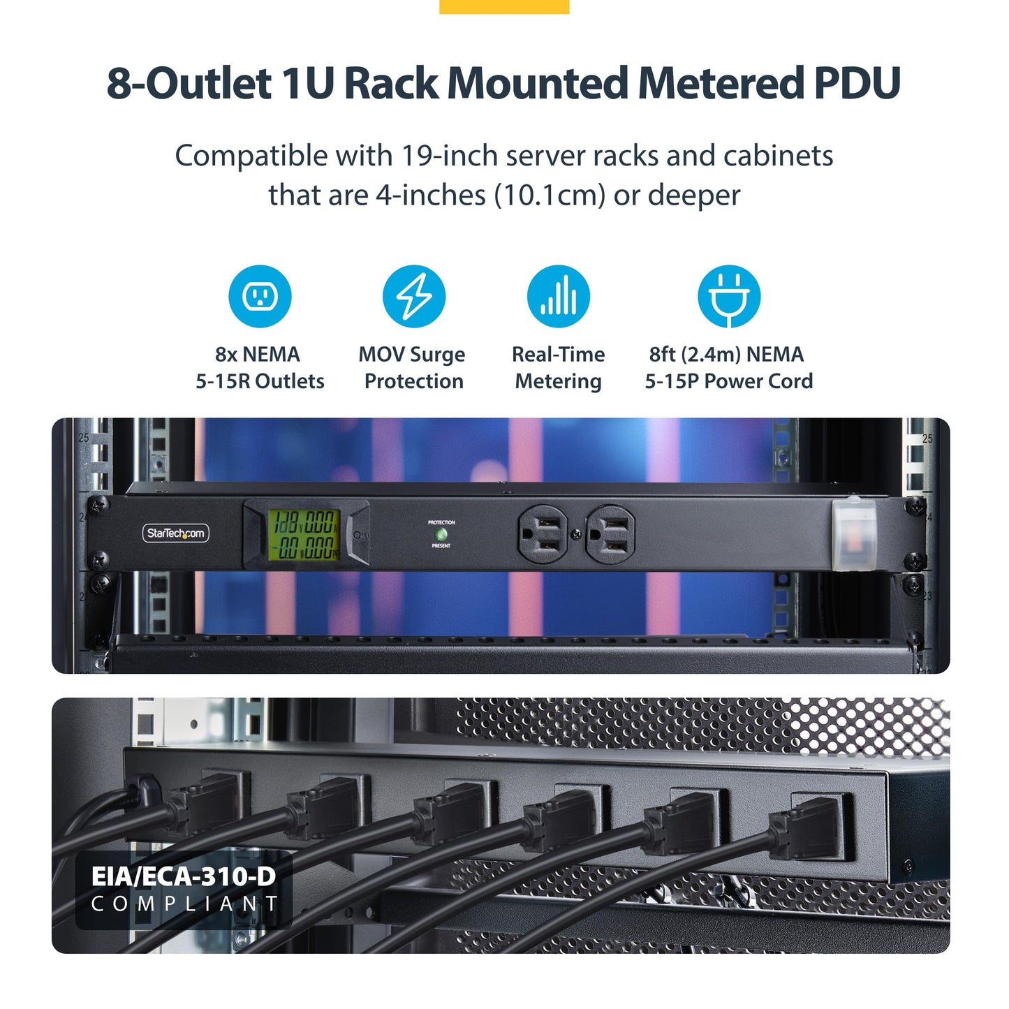 StarTech.com 8-Outlet Horizontal Rack Mount Metered PDU, 1U Server Power Strip w/Surge Protector, 8ft (2.4m) Power Cable, TAA