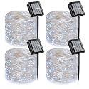 QITONG 4 Pack Solar Fairy Lights, Each 33ft 100 LED White Christmas String Light Outdoor Waterproof, 8 Modes Silver Wire Christmas Twinkle Mini Lights