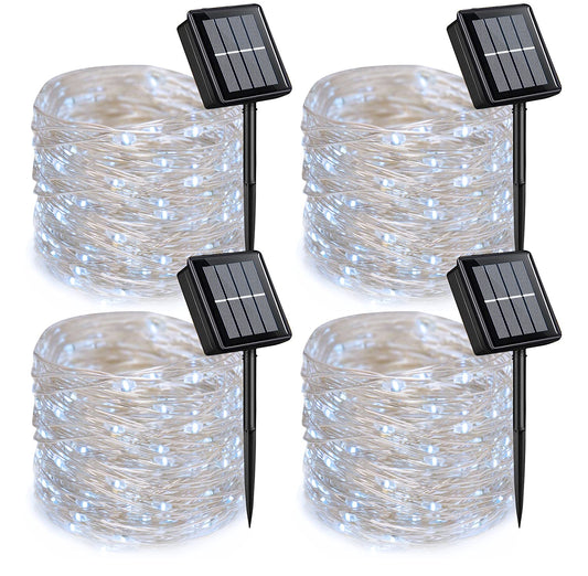 QITONG 4 Pack Solar Fairy Lights, Each 33ft 100 LED White Christmas String Light Outdoor Waterproof, 8 Modes Silver Wire Christmas Twinkle Mini Lights