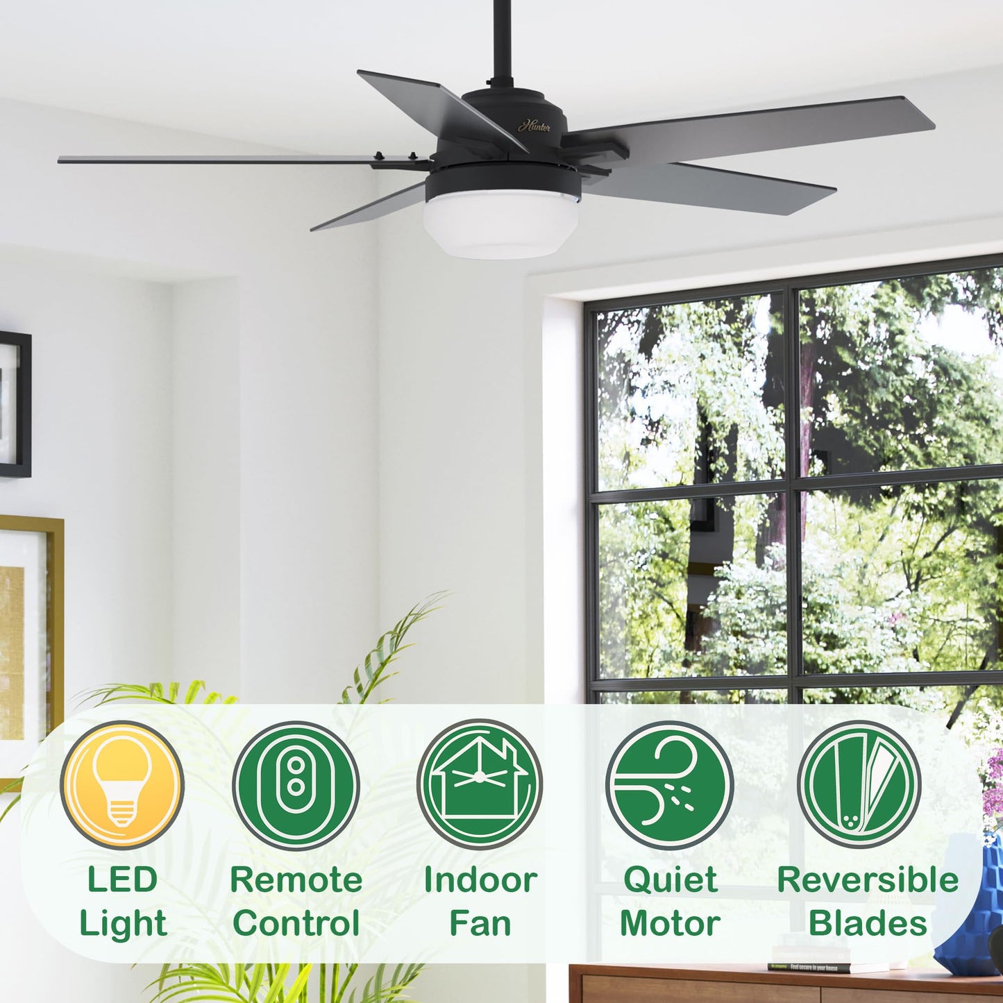 Hunter Fan 52 inch Matte Black Indoor Ceiling Fan with LED Light and Remote Control for Bedroom, Living Room, Office, Basement, Kitchen, Dining Room