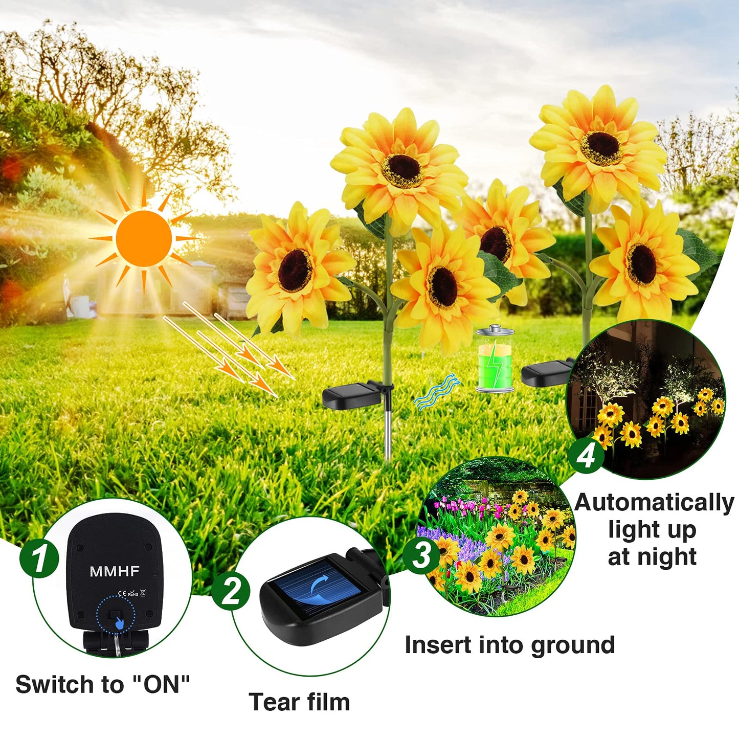 MMHF Outdoor Solar Garden Stake Lights,Upgraded LED Solar Powered Light with 3 Sunflower, Waterproof Solar Decorative Lights for Garden, Patio