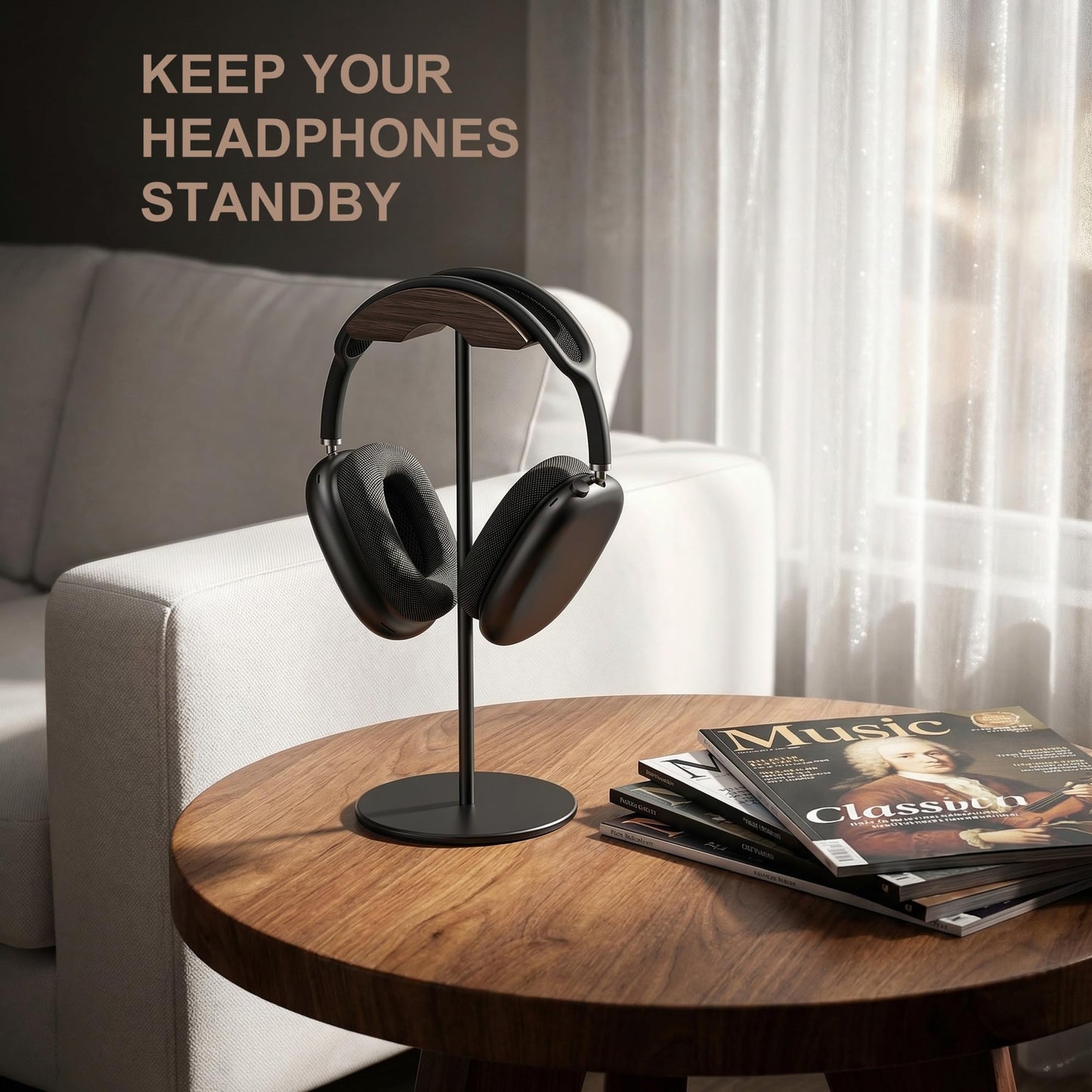 QinCoon Headphone Stand, Walnut Wood & Aluminum Headset Stand, Nature Walnut Gaming Headset Holder with Solid Heavy Base for All Headphone Sizes