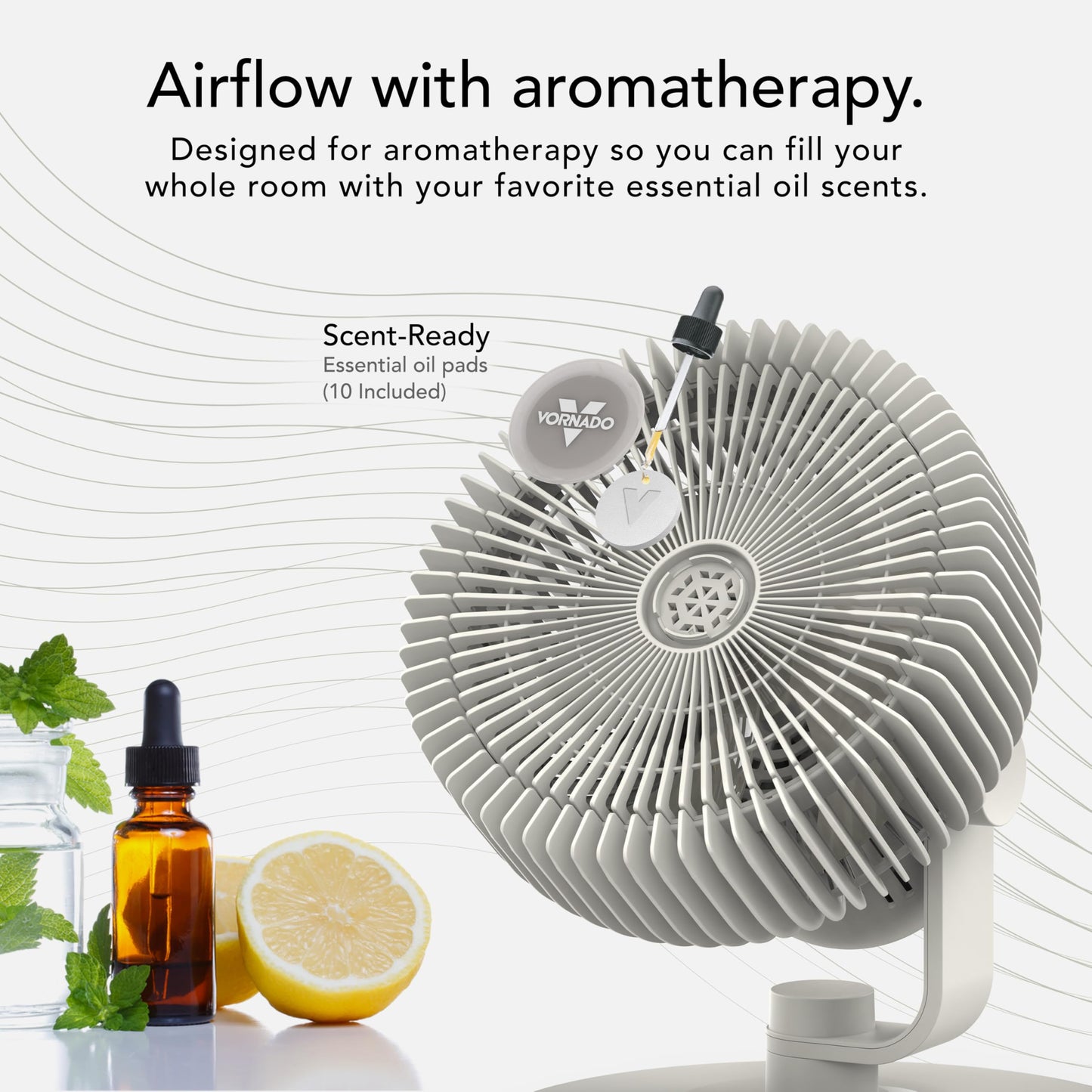 Vornado REFRESH 8 Table Fan with Aromatherapy Scent Pads, Swiveling Base, Easy to Clean, 3 Speed Settings, 45-Degree Tilt, Optimized Fan Sound