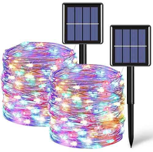 QITONG Multicolor Solar Fairy Lights, 2 Pack Each 66ft 200 LED String Lights Outdoor, Silver Wire Solar Christmas Lights with 8 Modes