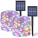 QITONG Multicolor Solar Fairy Lights, 2 Pack Each 66ft 200 LED String Lights Outdoor, Silver Wire Solar Christmas Lights with 8 Modes