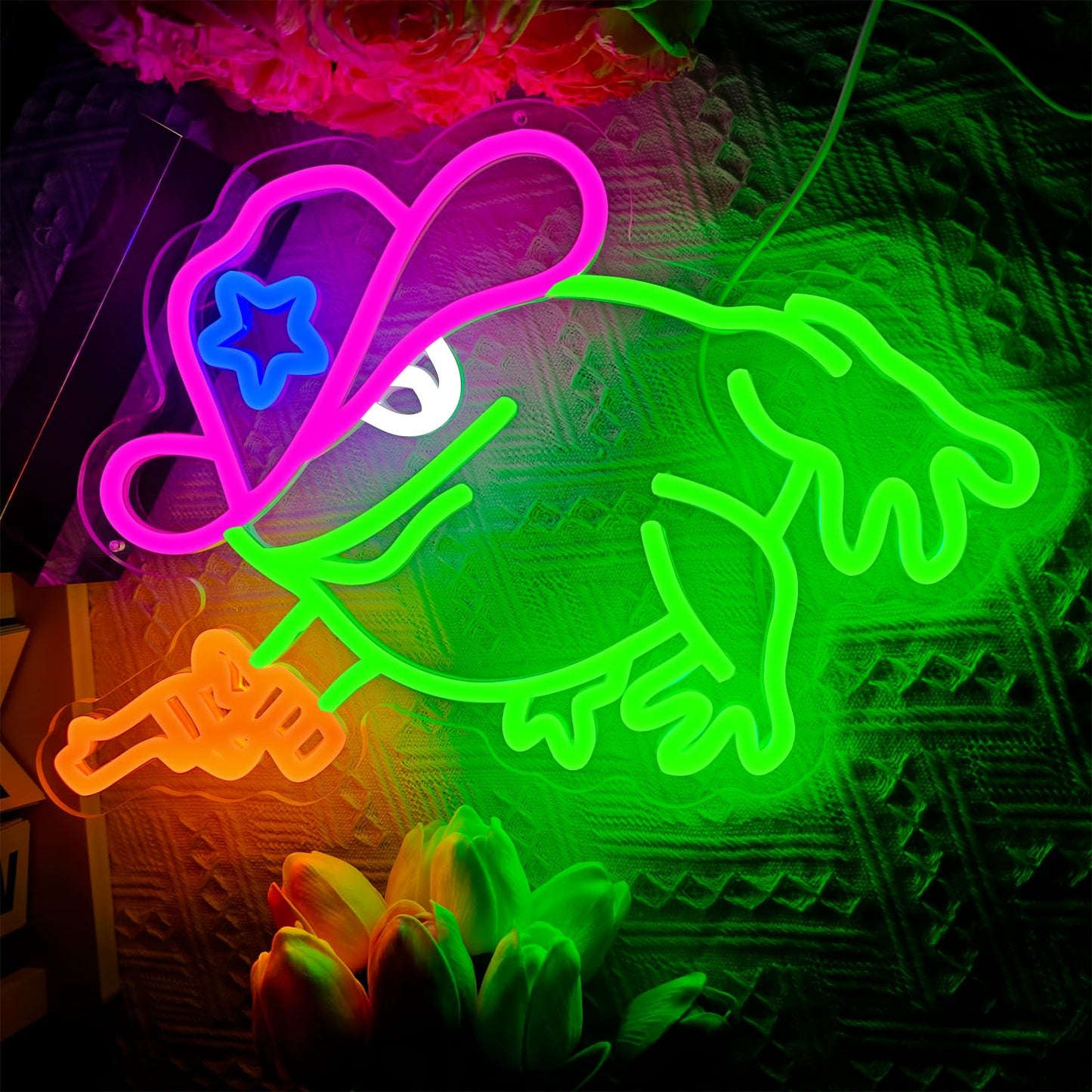Cowboy frog neon sign, dimmable frog neon LED light funny neon sign for wall decoration, suitable for playroom decoration, party decoration, baby