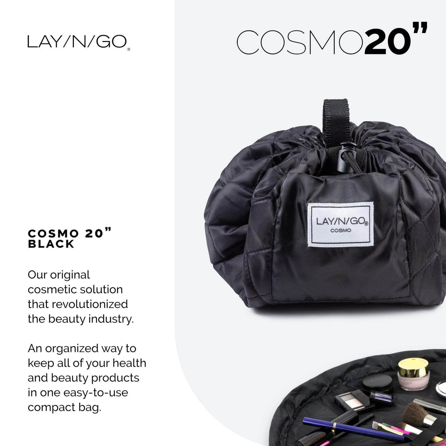 Lay-n-Go Cosmo 20" Drawstring Makeup Bag – Portable Cosmetic Organizer with Zipper Pocket & Loops, Washable Travel Toiletry Bag (Black)