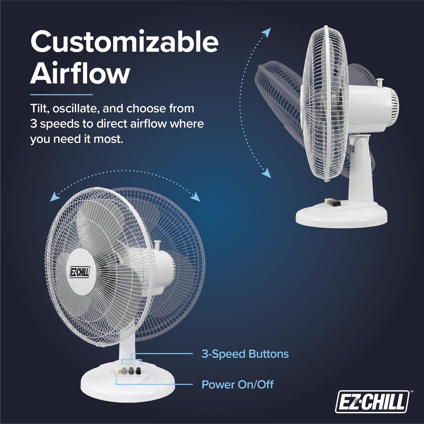 EZ-CHILL 16” Oscillating Table Fan with Adjustable Tilt, Convenient Push Button Controls, Quiet, 3 Speed, Desk Fan, Airflow 15.75 ft/sec, Ideal