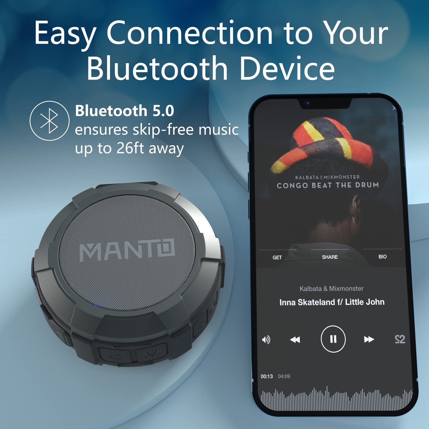 MANTO Bluetooth Speaker IPX5 Waterproof Portable Shower Speaker, 12H Battery, Bluetooth & Micro SD Playback (Up to 32GB, Card Not Included), Compact