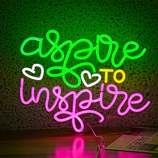 JLEWUINH Aspire To Inspire Neon Sign 16.5 * 12.6 Inch Dimmable Switch Led Light Up Colorful Sign for Wall Decor USB Cute Letters Neon Light
