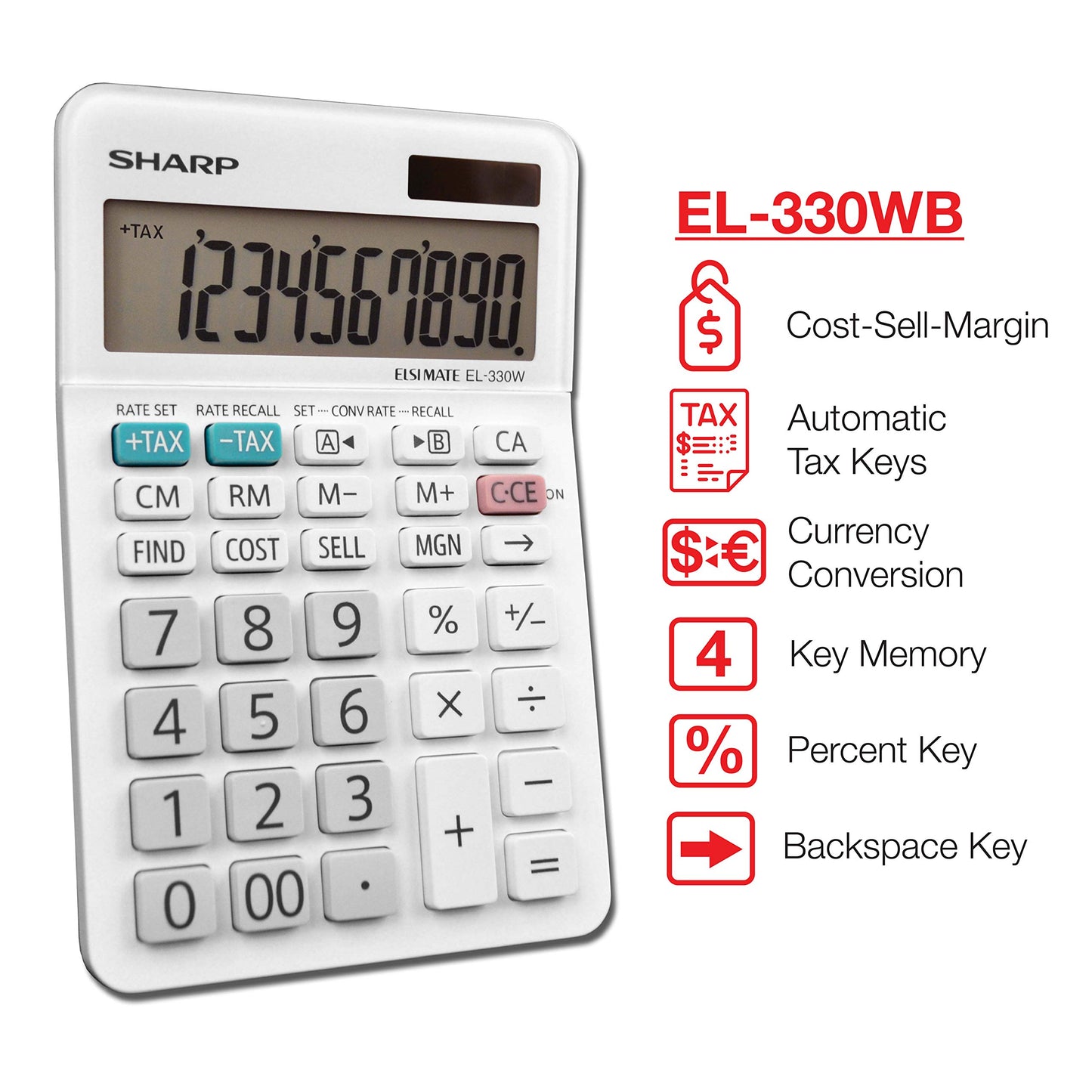 Sharp EL-330WB Standard Function Basic Desktop Calculator, Large Display, for Home and Office, Dual Power, Solar and Battery…