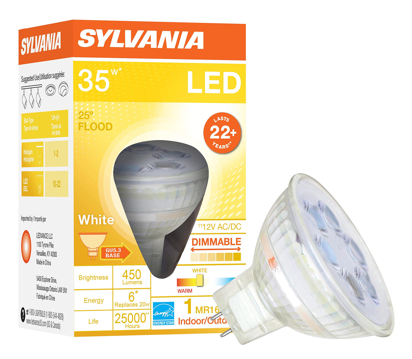 Sylvania Glass LED Flood LAMP, MR16, 6 WATTS, 3000K, 82 CRI, GU5.3 Base, 12 Volts, DIMMABLE, 1 Pack, Warm White (78240)