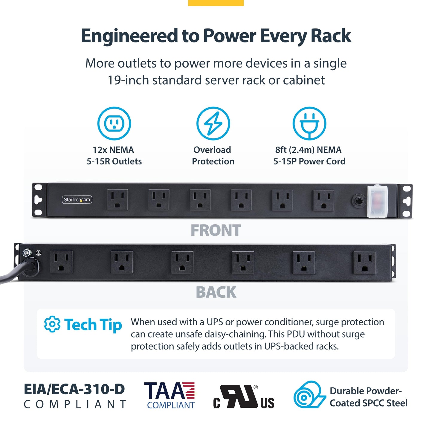 StarTech.com 12-Outlet Rackmount PDU, 1U Server Power Strip, Wide-Spaced Right-Angle Ports, Mounted Power Distribution Unit