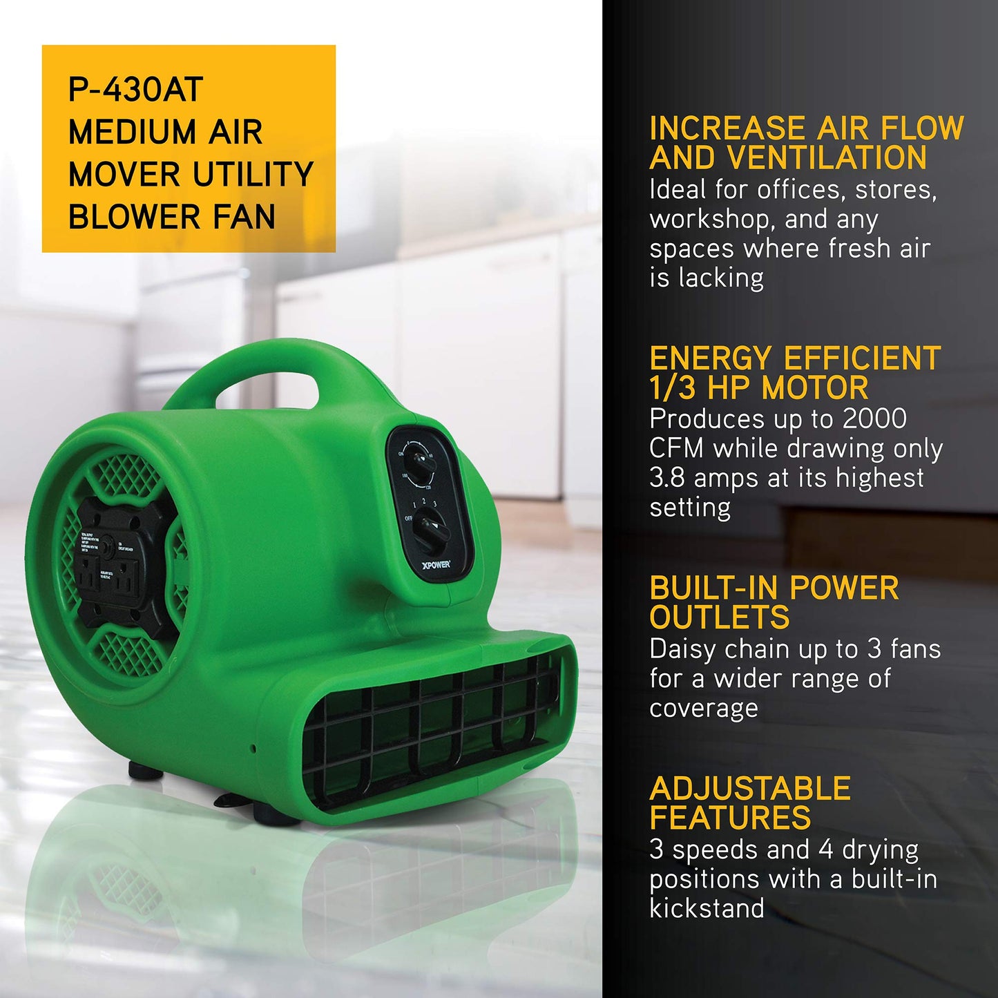 XPOWER P-430AT Pro 1/3 HP 2000 CFM Centrifugal Air Mover, Carpet Dryer, Floor Fan, Blower, Daisy Chain, for Water Damage Restoration, Janitorial