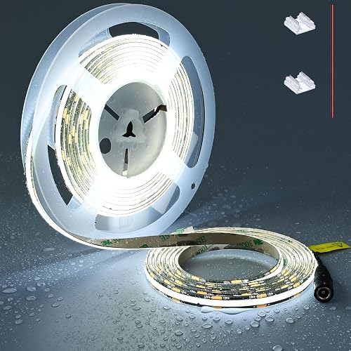 TOPAI Black 12V COB LED Strip 6000K Cool White IP65 Waterproof Dotless 480LED/M 16.4ft/5M Bright 4000Lm CRI>90 Cuttable Flexible LED Tape for Home