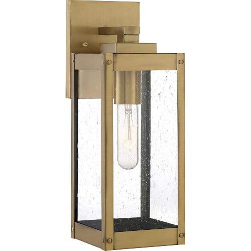 Quoizel Westover Modern Wall Sconce, 14.25 Inch Antique Brass 1-Light Outdoor Light Fixture, Clear Seeded Glass Wall Lantern, 100 W, Industrial Design