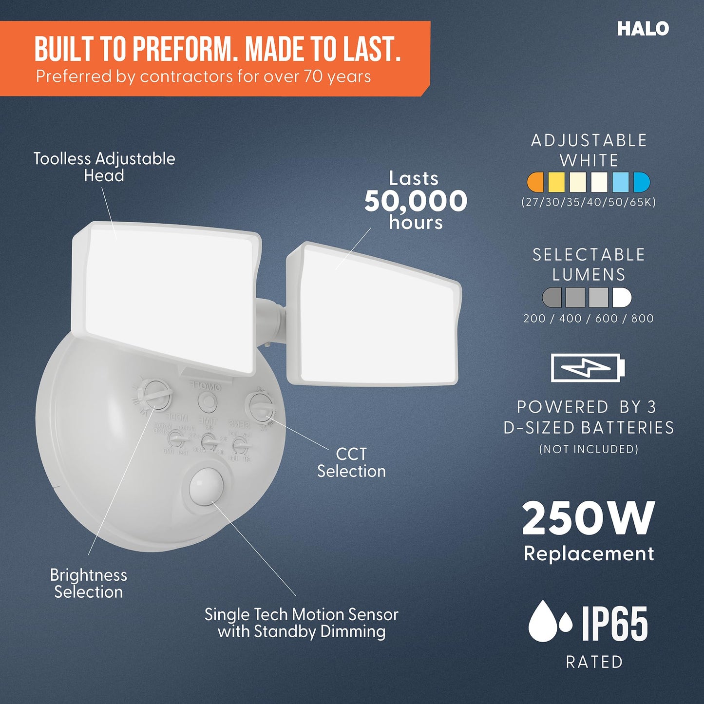 HALO Next Gen Battery-Powered LED Security Floodlight, 2 Head w/Motion Sensing, Dusk to Dawn, 2-Pack, Adjustable Brightness - White