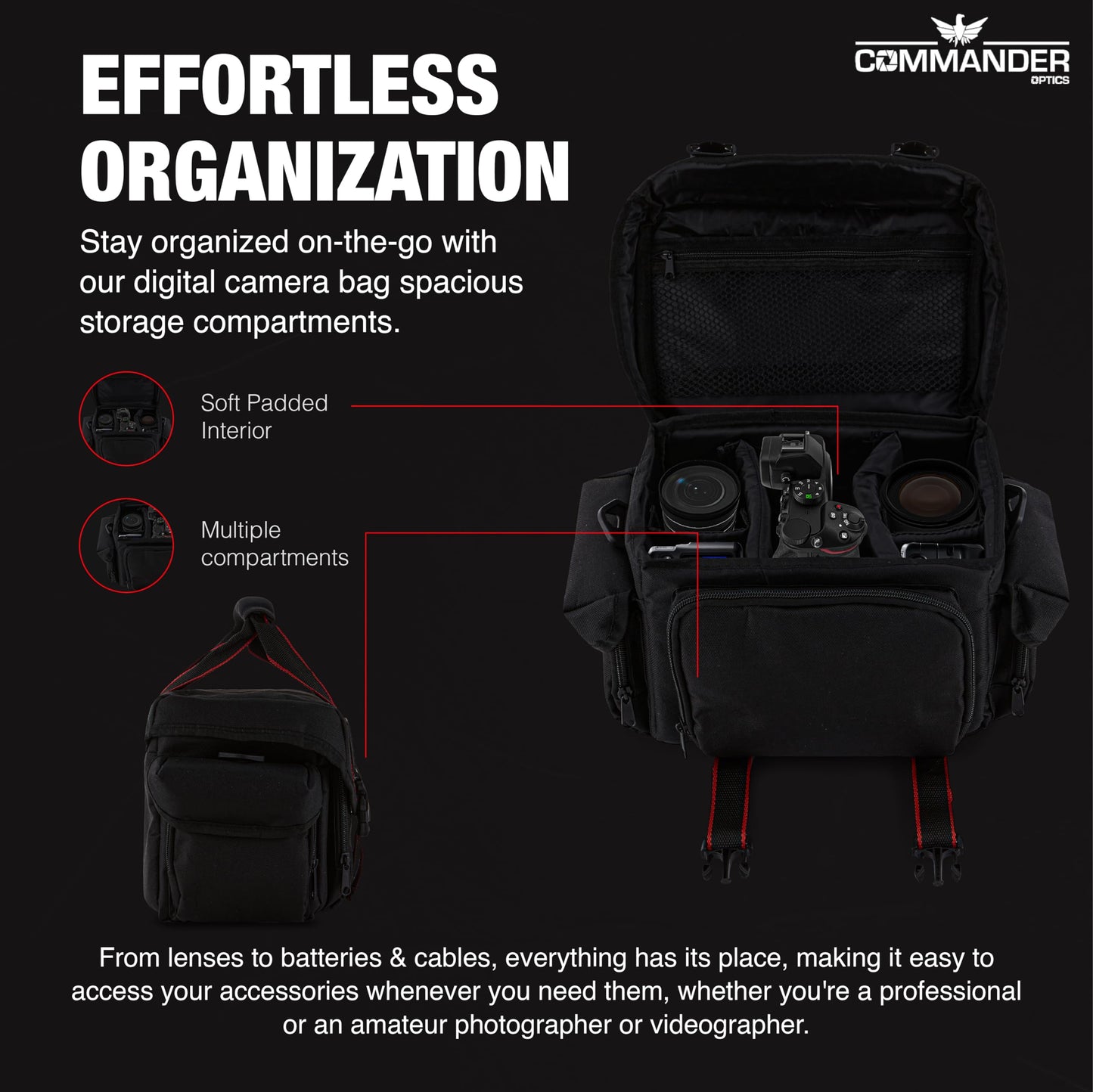 COMMANDER OPTICS Large Camera Bag - Water Resistant, Soft Padded, Spacious Travel Bag for Canon EOS, Nikon, Sony & More DSLR Cameras/Camcorders Ample