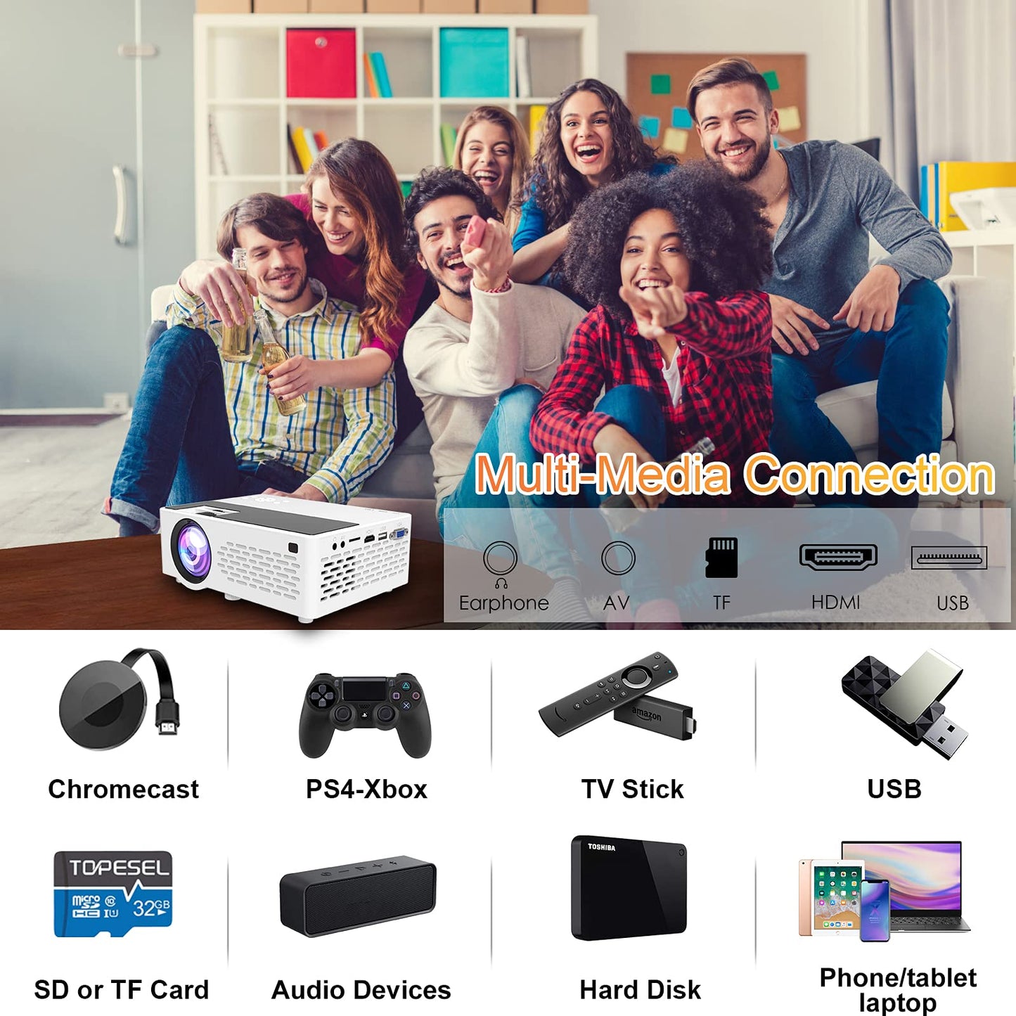 Aokang Projector, Mini Projector 1080P Full HD Supported, Portable Outdoor Movie Projector Compatible with Smartphone,TV Stick, PS4 & X-Box, PC