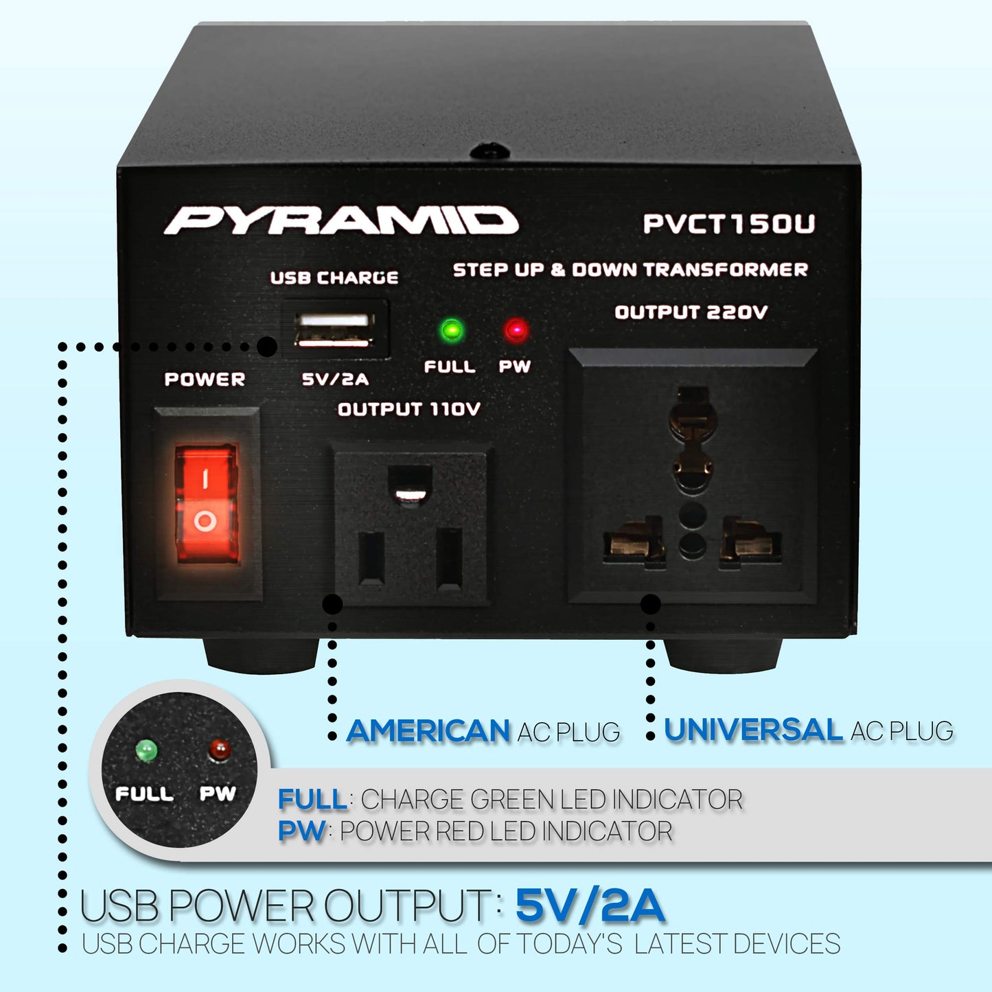 Pyle Step Up and Down Converter - 50 Watt Voltage Converter Transformer w/USB Charging Port, EU Power Adapter, AC Power Supply Cable 110V-240V…