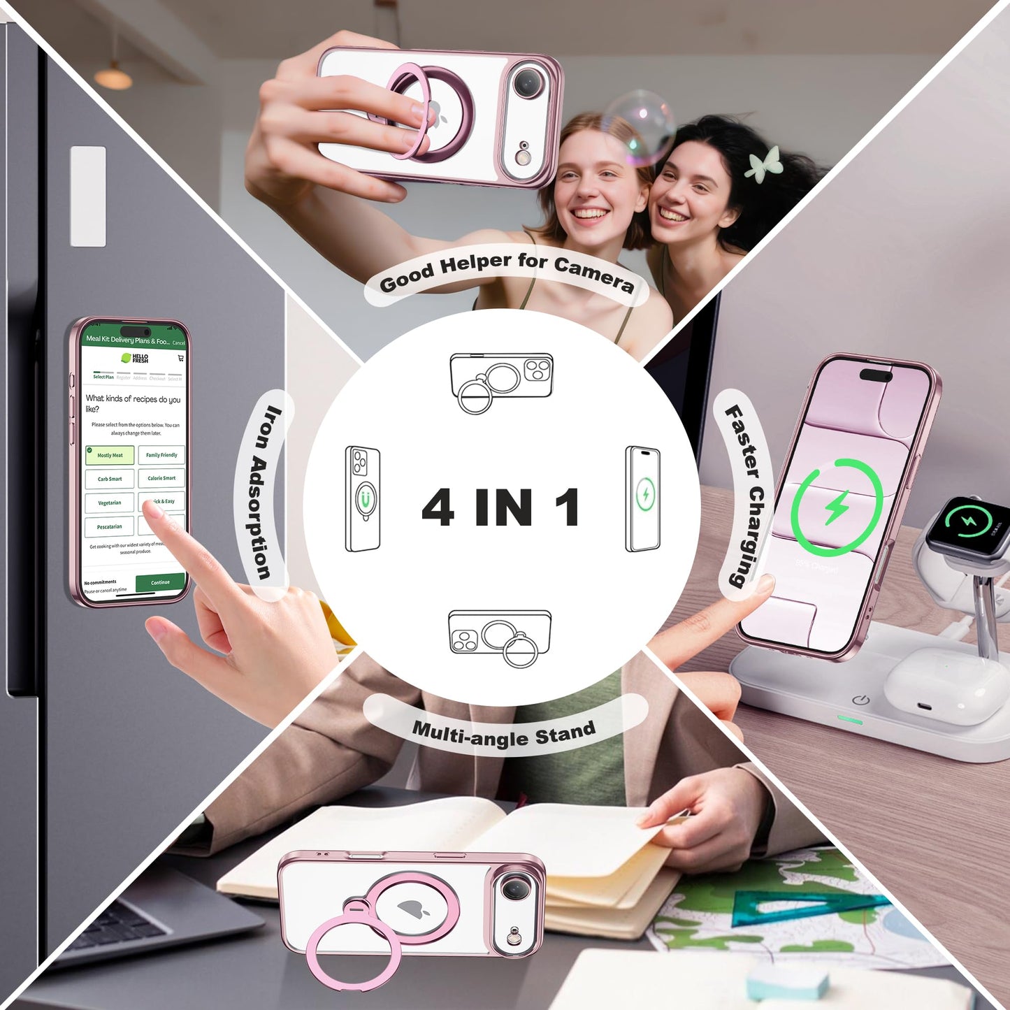 AmoraAqua Compatible with iPhone 17 Air Case with 360° Magnetic Ring Stand Compatible with Mag-Safe Camera Lens Protector Plating Clear Phone Case