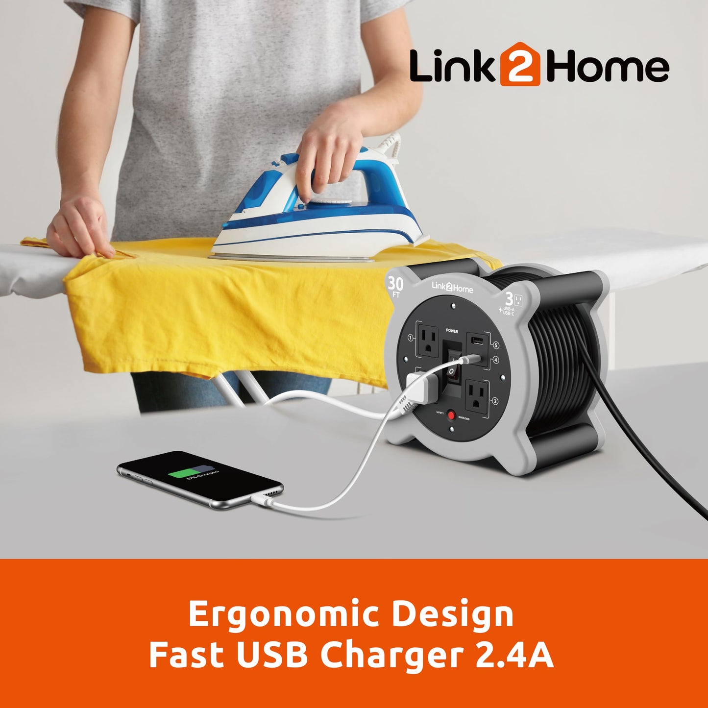 Link2Home Cord Reel 30 ft. Extension Cord 3 Power Outlets, 2 USB Ports A/C, 2.4A Fast Charge - 16 AWG SJT Cable.