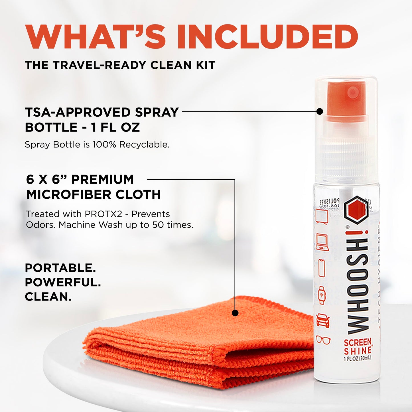 WHOOSH! Screen Shine Go - 1 fl oz Refillable Screen Cleaner Kit with Microfiber Cloth for MacBook, Phone, iPad & Eyeglasses - Powerful Streak-Free