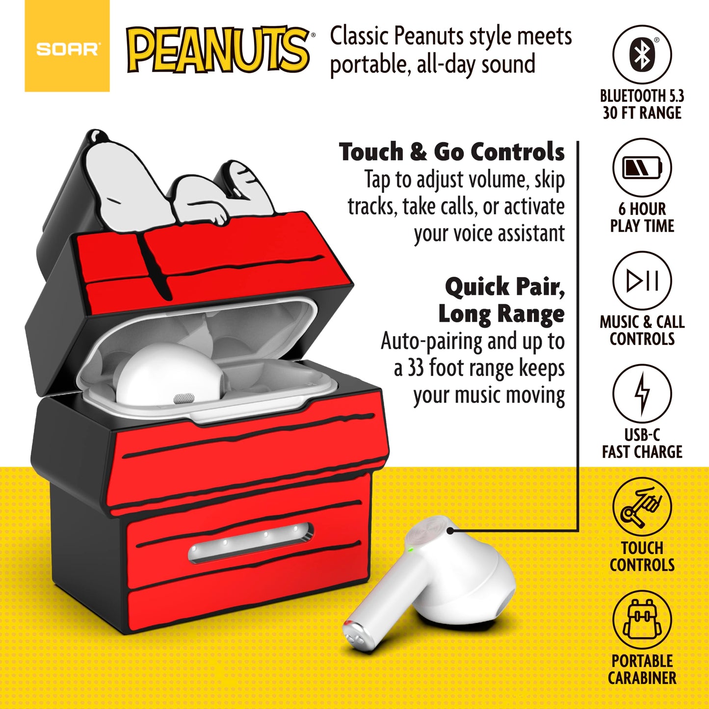SOAR Peanuts True Wireless Earbuds with Protective Case Red Dog House