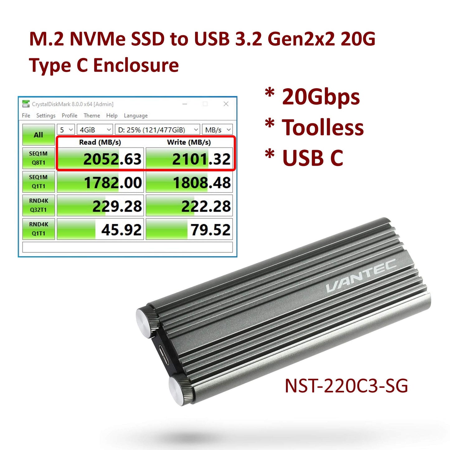 M.2 NVMe SSD to USB 3.2 Gen2x2 20G Type C Enclosure (NST-220C3-SG)