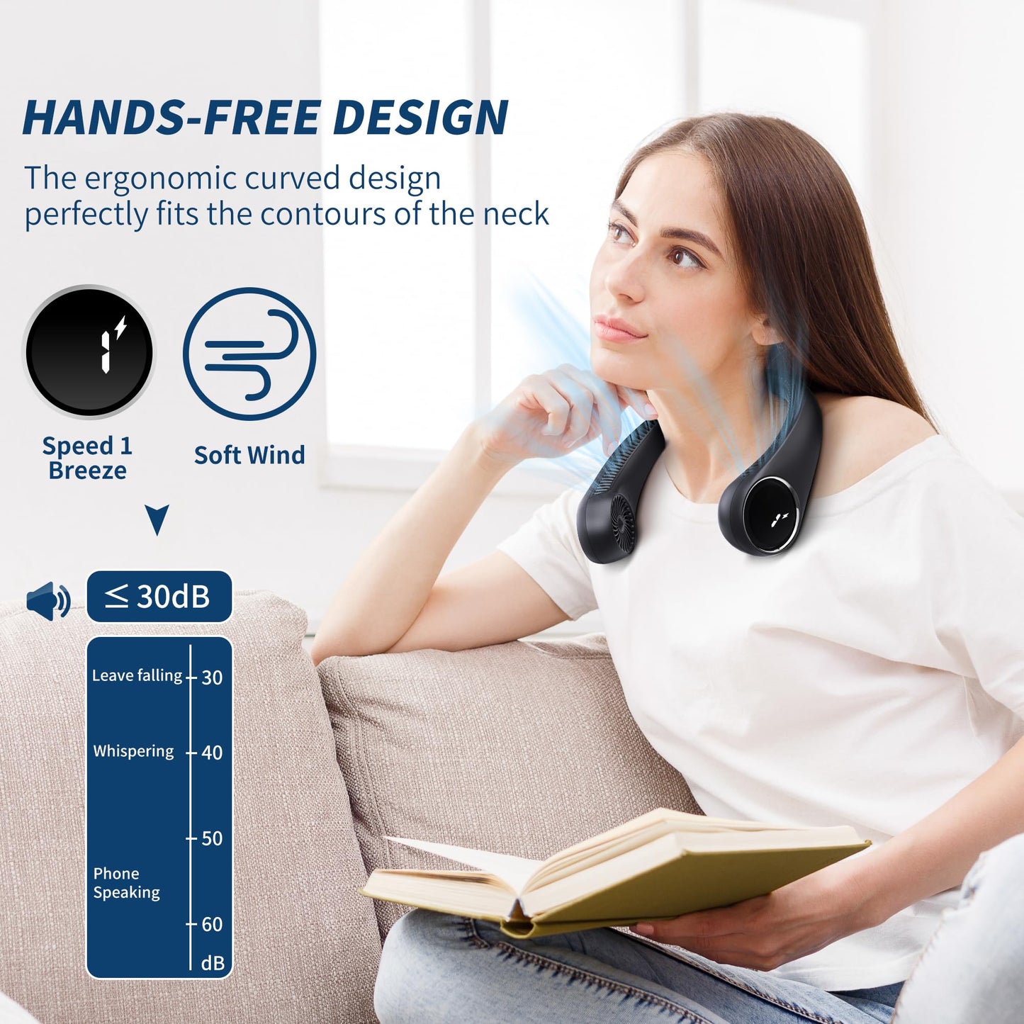 Personal Cooling Portable Neck Fans - 5000 mAh USB Rechargeable,360 Free Rotation & Lower Noise Bladeless Battery Operated Design with 3 Speeds
