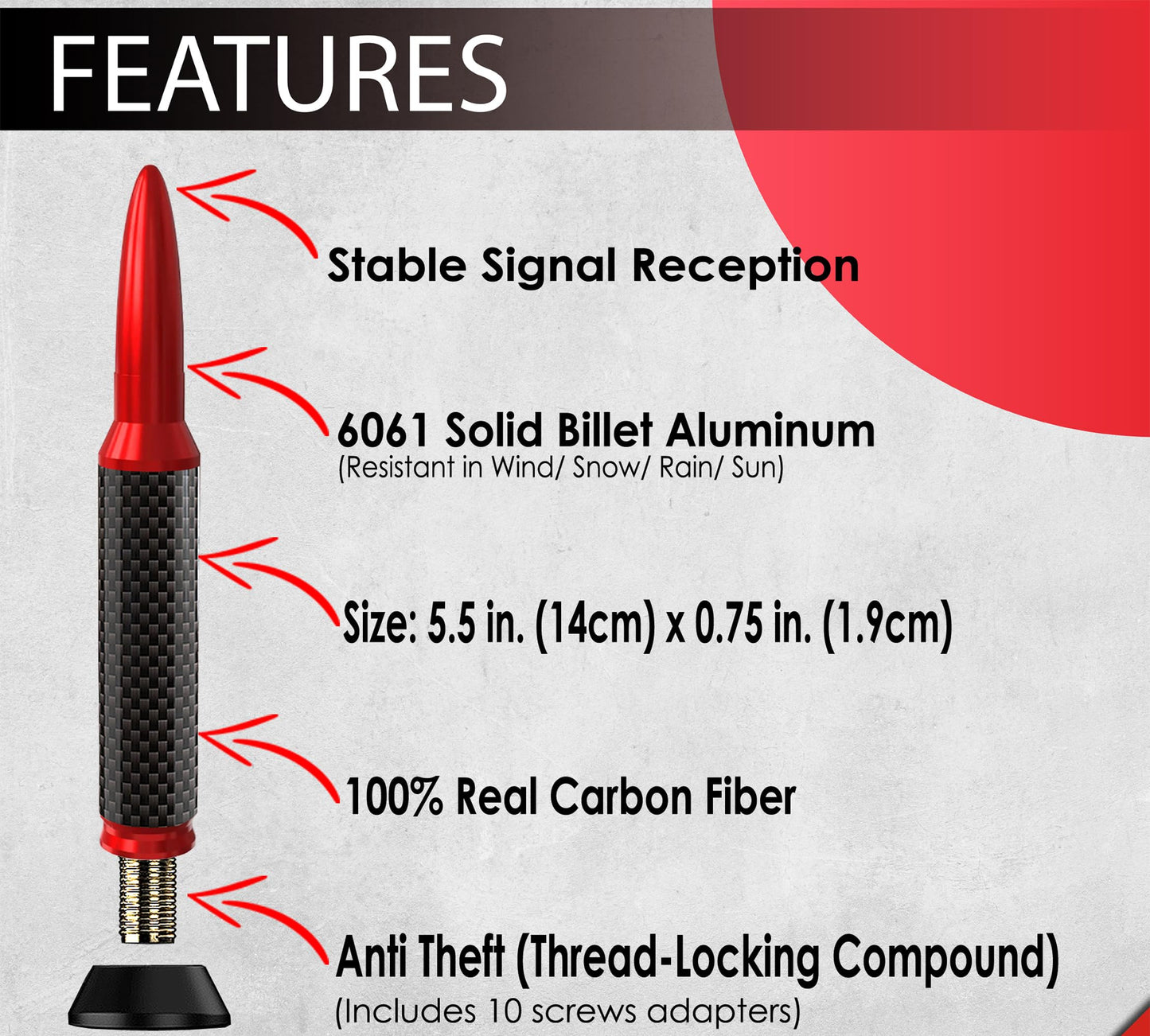 ICBEAMER 50 Cal Carbon Fiber Bullet Antenna Replacement [Color: Red], Universal Fit Truck Van Cars Made with 6061 Solid Aluminum & Anti Theft Anti