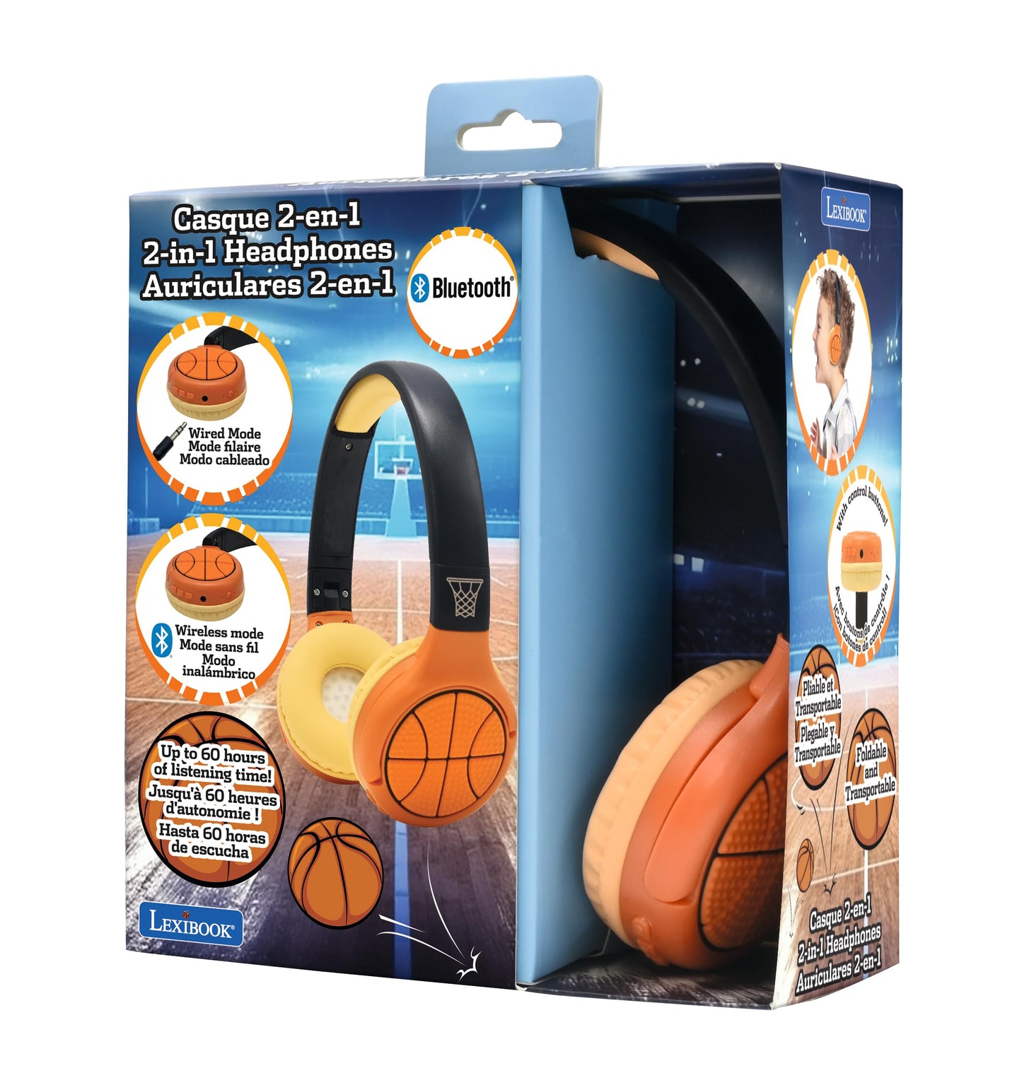 LEXiBOOK - Basketball - 2-in-1 Bluetooth & Wired Headphones with Microphone and Control Button, Foldable and Adjustable, Long Lasting Rechargeable…