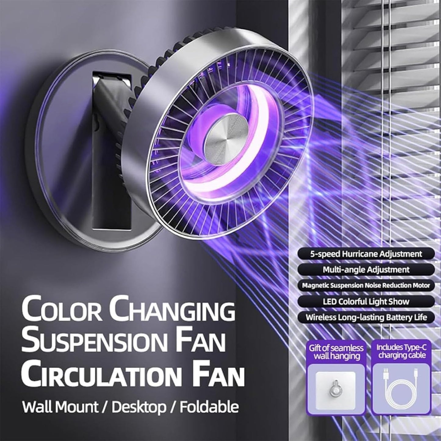 Lunkun 3-in-1 USB Desk Fan with Colorful LED Light, 2026 New Foldable Multi-Angle Quiet Mini Fan, 5-Speed Adjustment Portable Table Fans, Magnetic