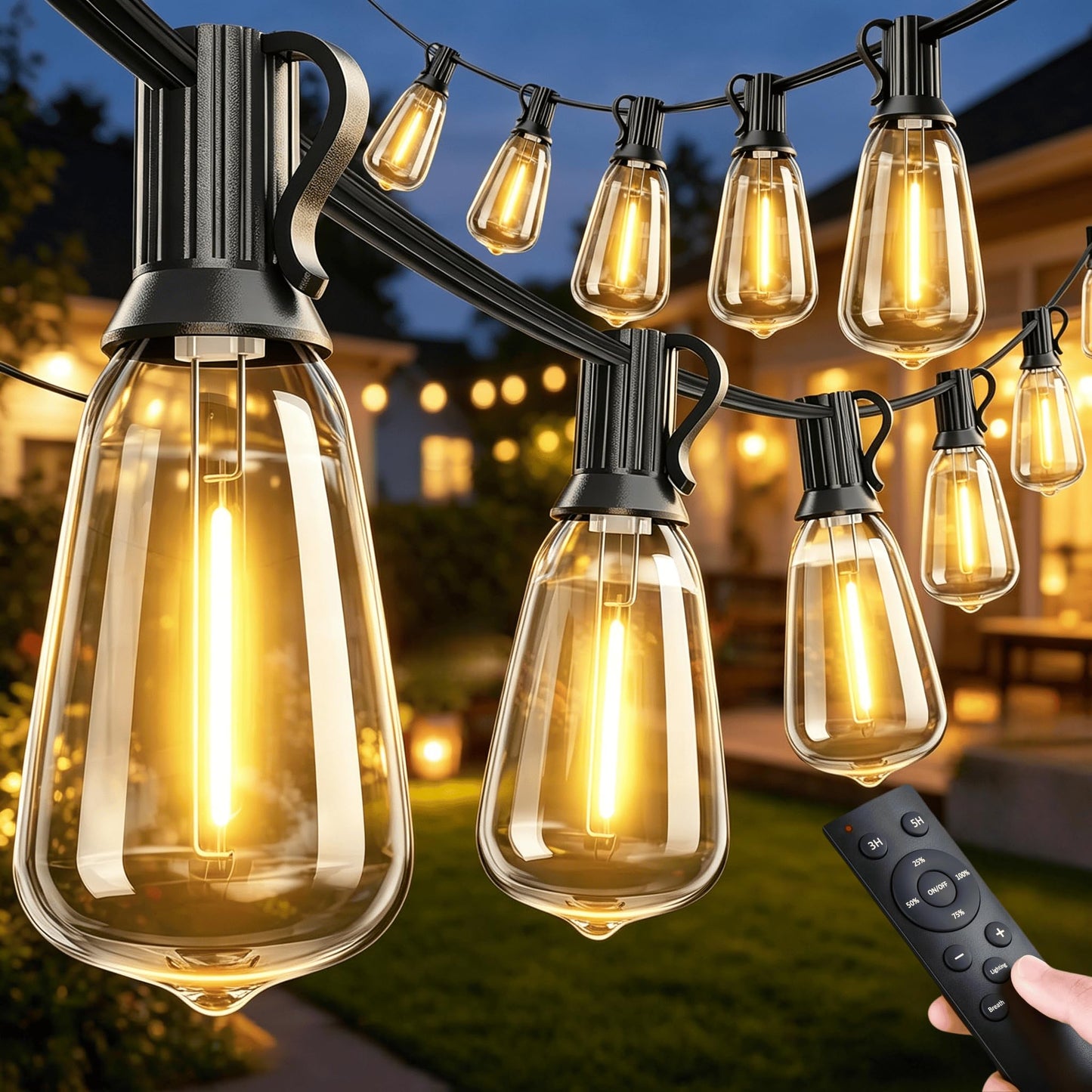 VOZUJI Outdoor Patio String Lights: 100Ft 30M Outside Waterproof Light - Remote Dimmable ST38 Shatterproof Bulb Connectable Hanging Outdoor Electric