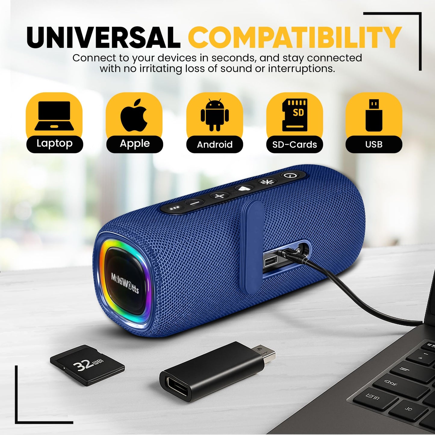 MultiWatts Portable Bluetooth Speaker: IPX5 Waterproof, 20W Dolby Stereo Sound, Deep Bass, Upto 25H Playtime, LED Lights, TWS Pairing, BT5.3,