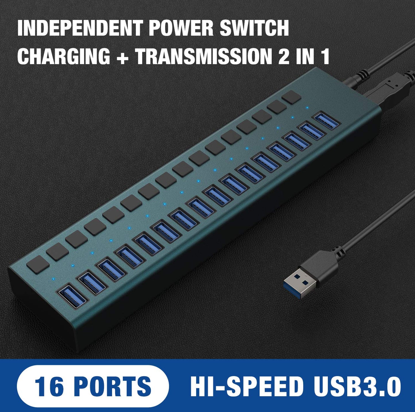 USB 3.0 Hub -16 Ports Powered USB Hub 90W USB Charging Hub with Individual On/Off Switches and 12V/7.5A Power Adapter and Multi-USB Port