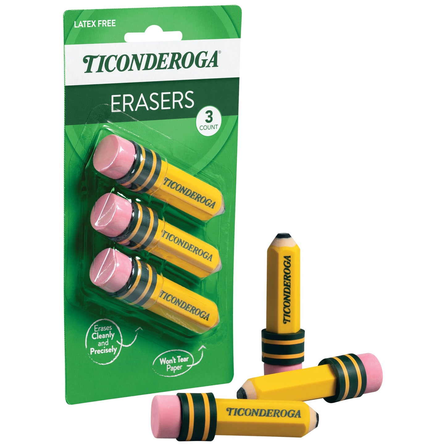 TICONDEROGA ® Erasers, Pencil Shaped, Yellow, 3 ct (38953)
