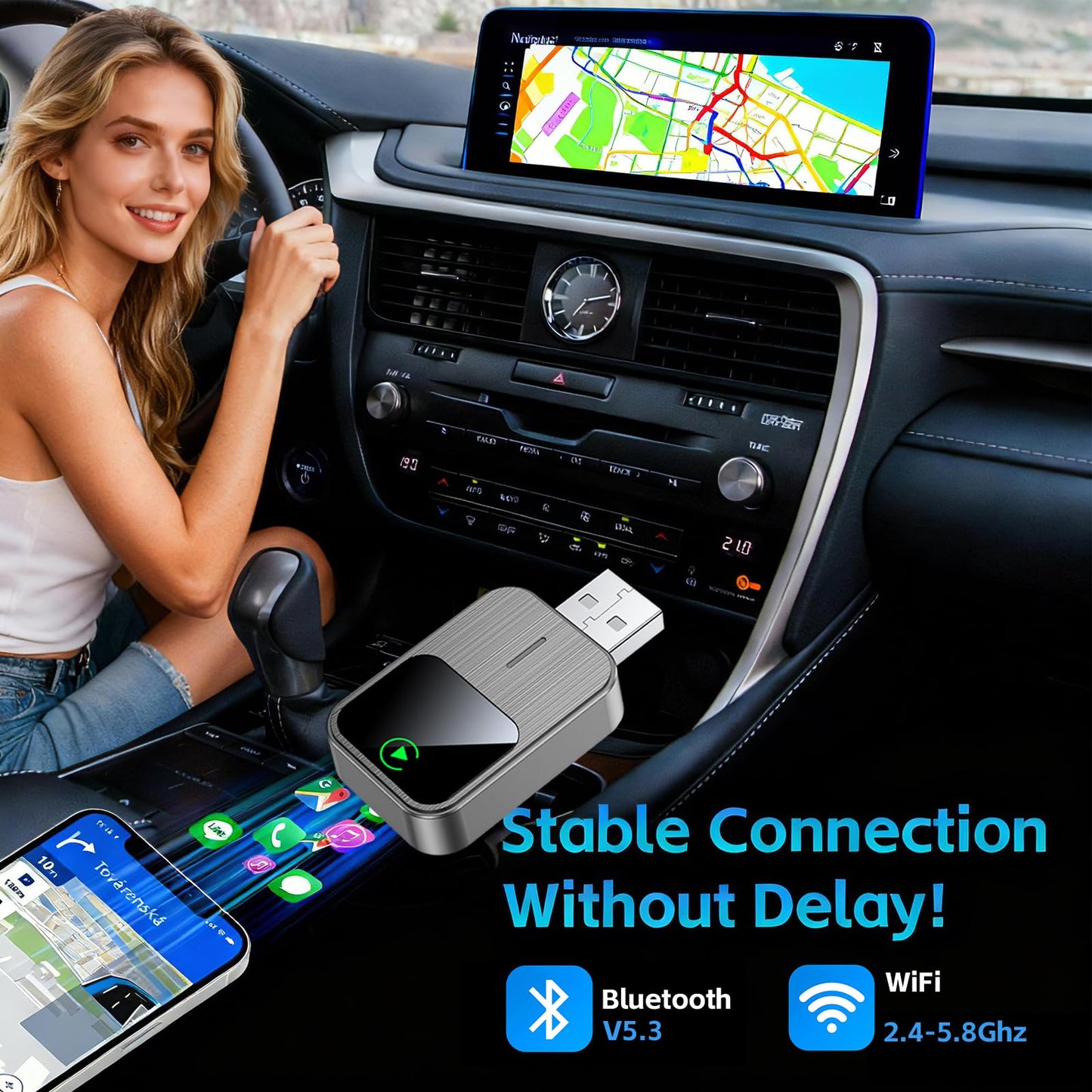 Wireless CarPlay Adapter for iPhone - Wired to Wireless CarPlay,Plug & Play,Fast & Stable Connection,Mini USB & Reset Button,Compatible with Cars