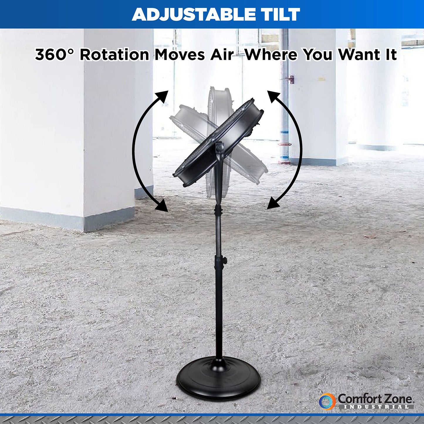 Comfort Zone 20-Inch High-Velocity Industrial Pedestal Fan - Heavy-Duty All-Metal Shop Fan with Aluminum Blades, 3-Speed Slim Profile Stand Fan, 180°