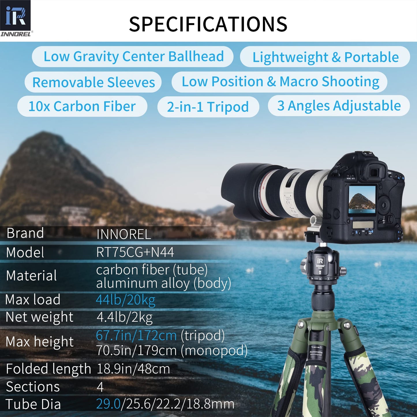 Carbon Fiber Tripod-RT75CG Super Professional Tripod Monopod Heavy Duty Compact Stand Support with 44mm/1.73in Low Gravity Center 360°Panoramic