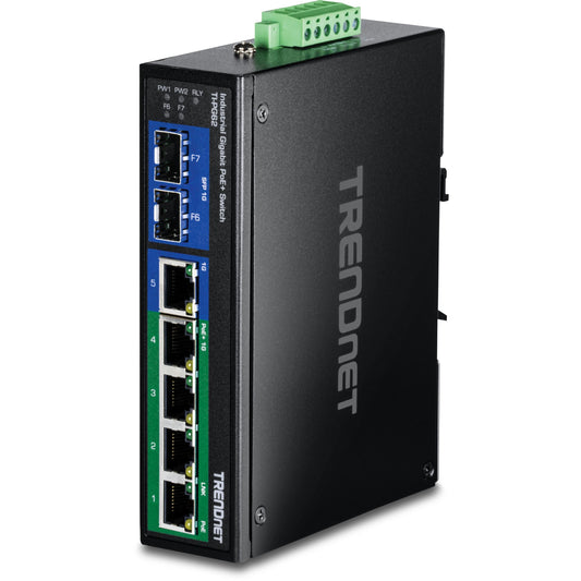 TRENDnet 7-Port Industrial Gigabit PoE+ DIN-Rail Switch, TI-PG62, 120W PoE Power Budget, 14Gbps, IP50 Rated, NDAA & TAA Compliant, Ethernet Splitter