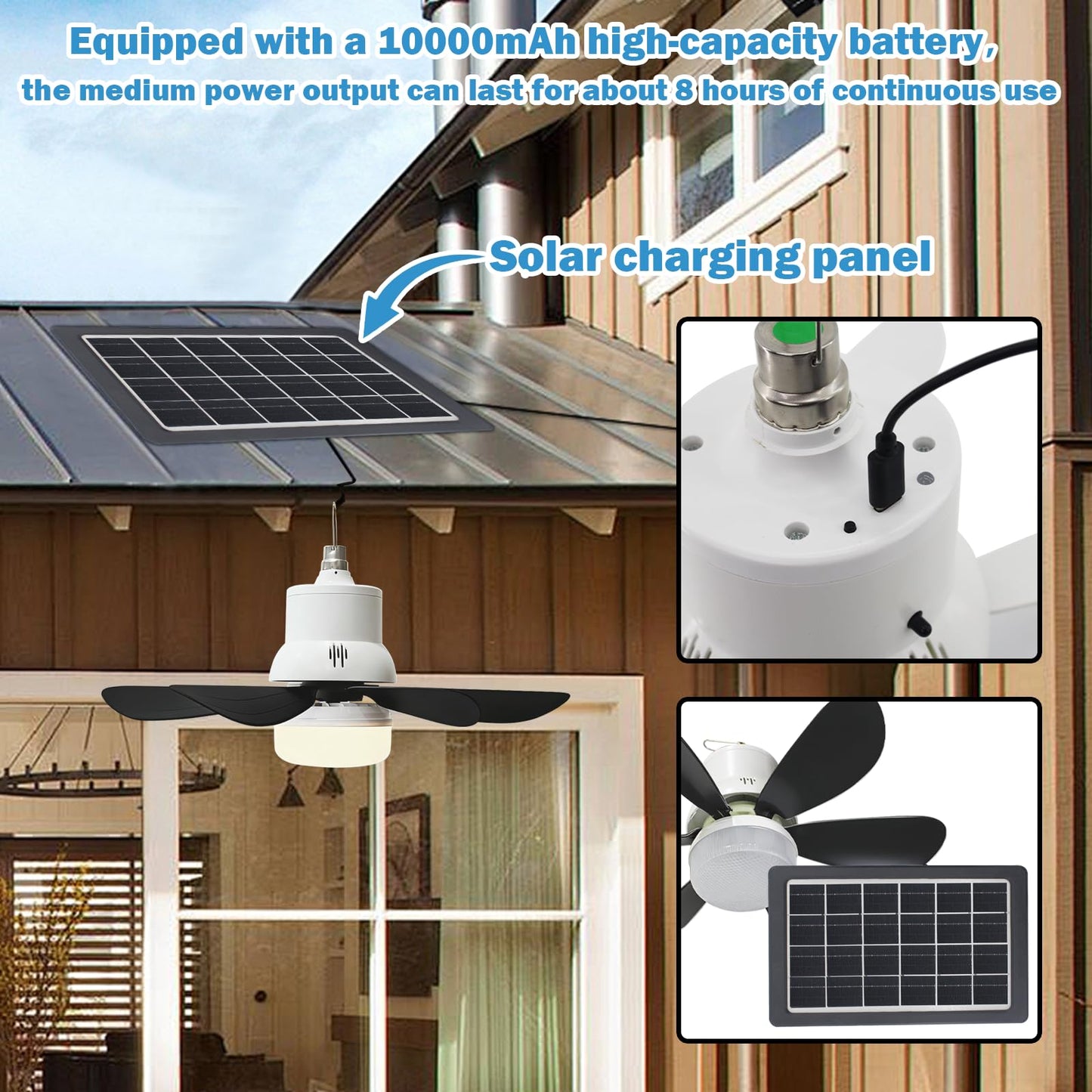 Solar Ceiling Fans with Lights Battery Built-in10000mAh Portable ,17" LED Fan Light Hanging with HookCan be timed for 2/4/8 hours, 3 Speeds