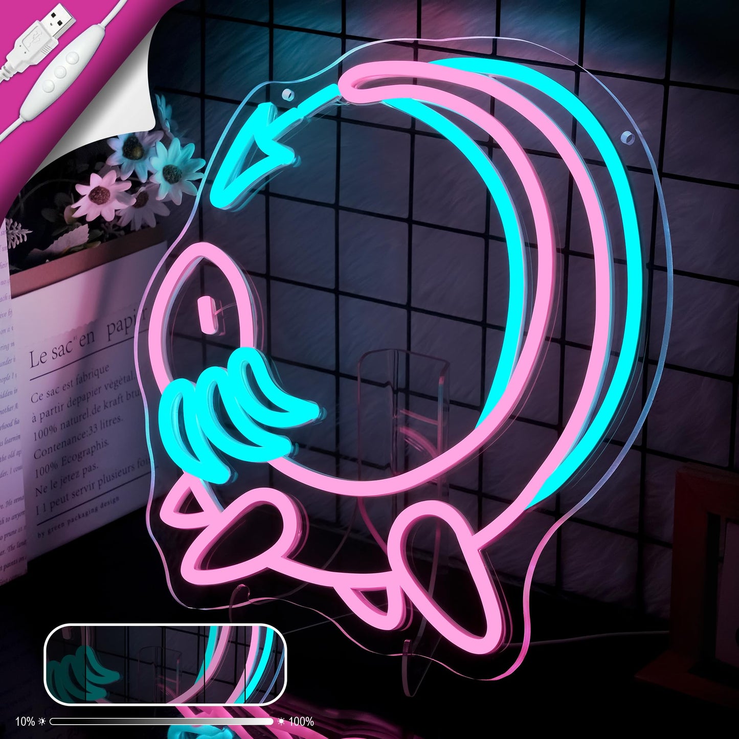 Pink Axolotl Moon Neon Sign for Wall Decor - Cute Animals Kawaii Neon Acrylic USB Powered LED Wall Art Decor, Light Up Sign Dimmable, for Axolotl