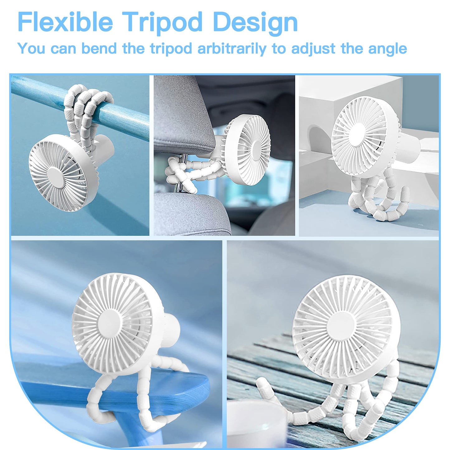Mini Handheld Stroller Fan, Personal Portable Fan, Car Seat Fan, Desk Fan,2600mAh with Flexible Tripod Fix USB Powered Desk Fan Adjustable 3 Wind